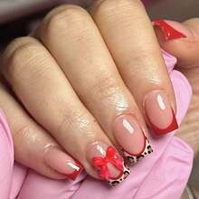 Red Press On Nails Short Square Fake Nails French Tip False Nails With Leopard Print Design Glue On Nails Bow Acrylic Nails Glossy Full Cover Stick On Nails For Women Manicure 24Pcs - 紅色法國 - 查看 1