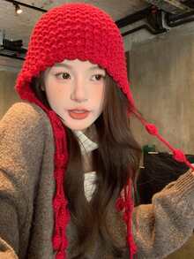 1pc Handmade Hollow-Out Wool Beanie Hat, Women Tasseled Ear Warmer Knitted Cap, Suitable For Christmas And Daily Wear, Autumn/Winter - Multicolor - View 3