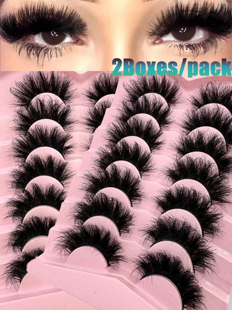 New 2Boxes/14Pairs Of Luxurious Full Strip Lashes - Fluffy, Thick, And Curling Slender False Eyelashes For A Dramatic Cat Eye Look - Daily Wear, Elongated, And Easy To Apply - Black - View 1