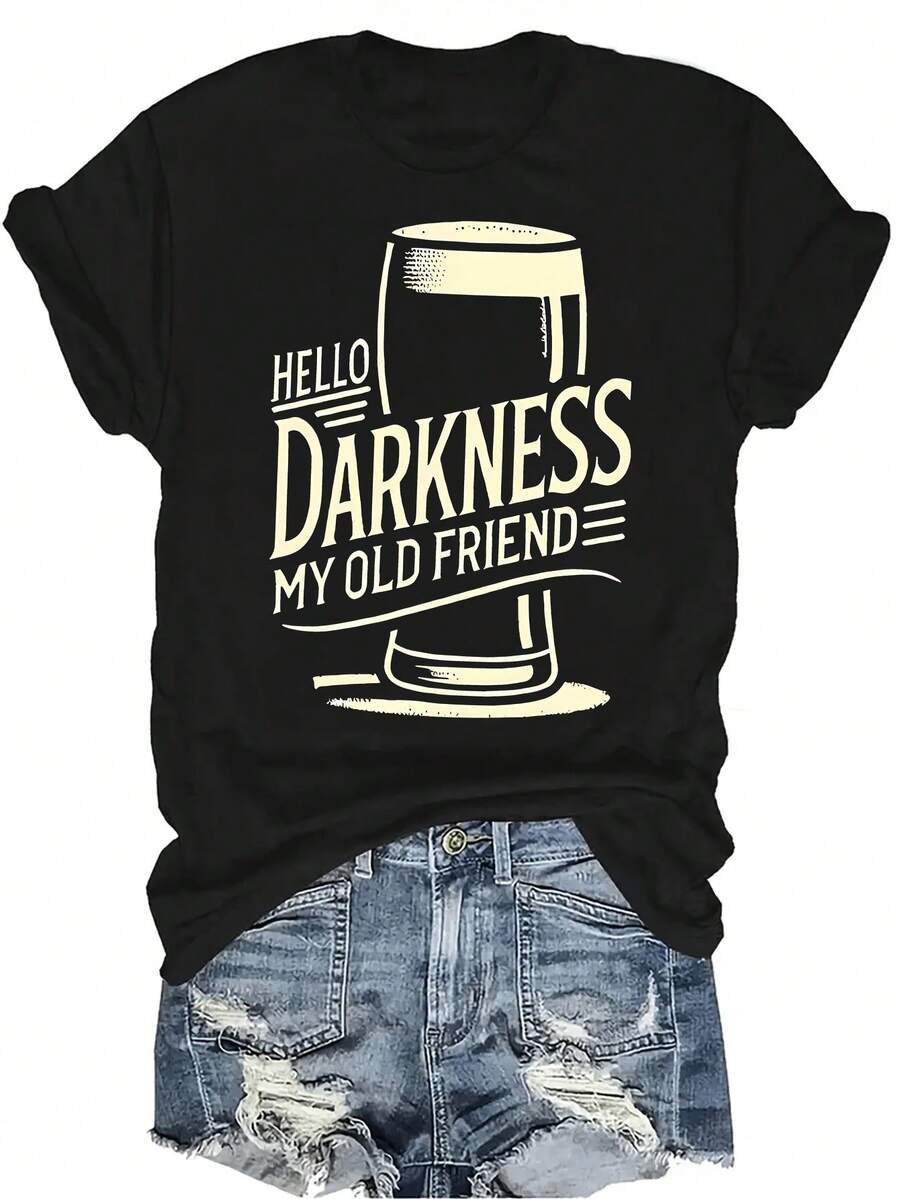 Camiseta "Hello Darkness, My Old Friend" para mujer y unisex, de verano, casual, transpirable, con personalidad, cuello redondo, manga corta, ropa de calle, versátil, adecuada para adolescentes y adultos - Negro - Ver 1