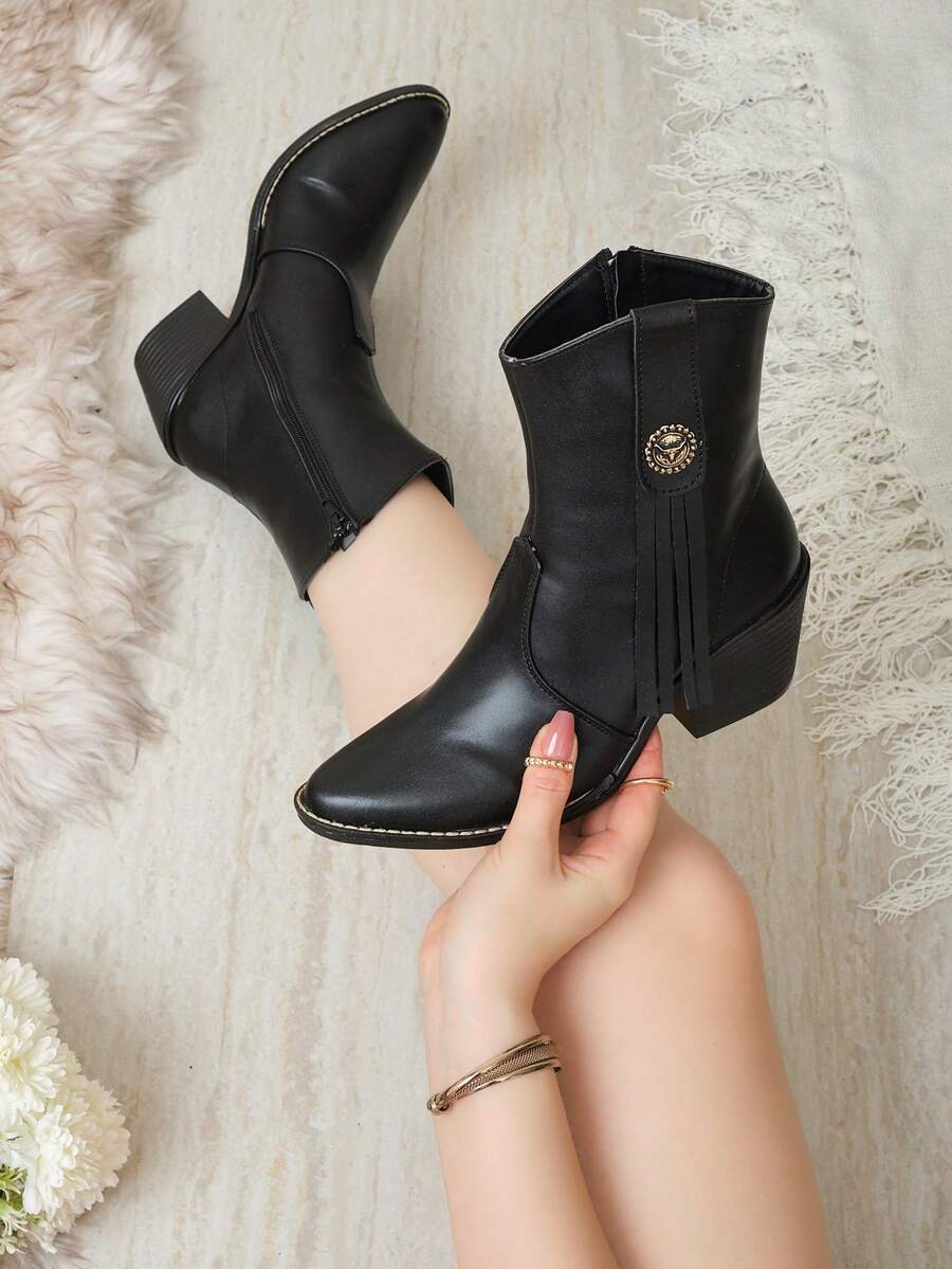 Botín western mujer, botín con cierre interno, botín puntal tacón grueso, botín casual elegante, botín estilo vaquero, botín otoño invierno, calzado versátil femenino. - Negro - Ver 1