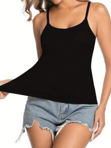 1/4-Piece Women's Built-In Bra Tank Top - Seamless Long-Sleeve Top, Soft And Stretchy Fabric In Solid White/Gray/Black/Beige, Versatile Strapless Layered Styling For Casual Wear, Smooth Texture Basic Style, Breathable Material, A Wardrobe Essential. - 黑色 - 查看 3