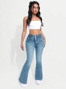 女士单排扣修身弹力喇叭牛仔裤，休闲春季款 - 中等水洗藍 - 查看 3