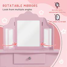 HOMCOM Kids Vanity Table And Chair Set, Girls Vanity Set With Tri-Folding Mirror And Stool, Makeup Dressing Table With Drawer, Pink - Pink - View 5