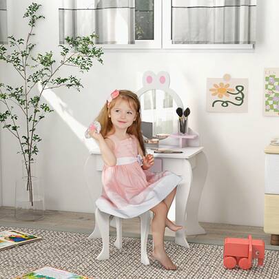  ZONEKIZ Kids Dressing Table With Mirror And Stool , Kids Vanity Table Girls Dressing Table With Drawer, Storage Shelf, Rabbit Design, For Ages 3-6 Years - White And Pink