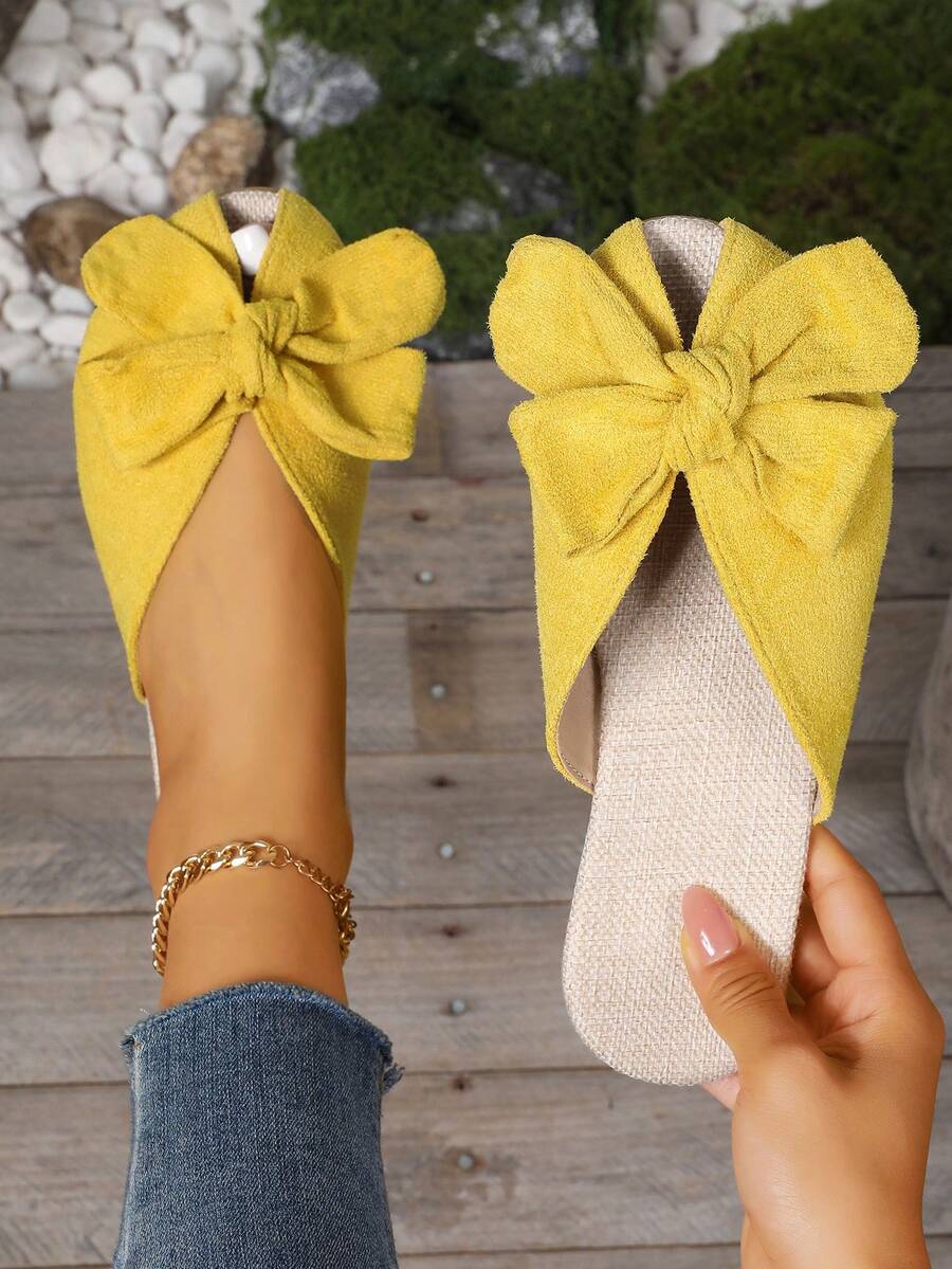 1 Đôi dép bệt nơ 3D cho nữ, dép xỏ ngón đế bằng màu vàng thời trang ngoài trời, dép hở mũi, thoải mái và nhẹ, thích hợp cho đám cưới, công sở, trường học, ký túc xá, kỳ nghỉ, bãi biển - Màu vàng - Xem 1