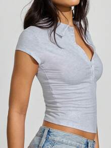 Women T-Shirt, Short Sleeve Button Closure Solid Slim Fit Summer Tops Streetwear For Casual Daily - Màu Xám nhạt - Xem 9