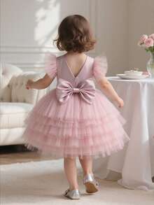Baby Girls Butterfly Sleeve Pink Tulle Elegant Princess Party Dress, Suitable For Girl's 1st Birthday, Wedding, Party, Holiday Celebration - Pink - View 3