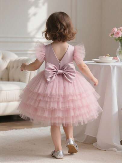 Baby Girls Flutter Sleeve Pink Tulle Elegant Princess Party Dress, Suitable For Girl's 1st Birthday, Wedding, Party, Holiday Celebration