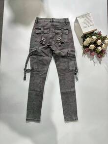 女款 Y2K 修身休闲牛仔翻盖口袋侧边工装裤 - 灰色 - 查看 7