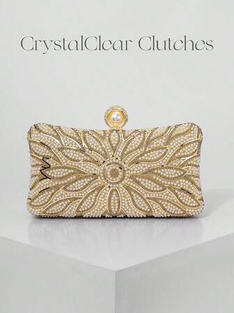 Elegant Faux Pearl Box-Shaped Evening Bag, Romantic Wedding Clutch, Luxury Rhinestone Decor Formal Dress Purse, Bridal Handbag, Formal Party Crossbody Chain Bag For Women