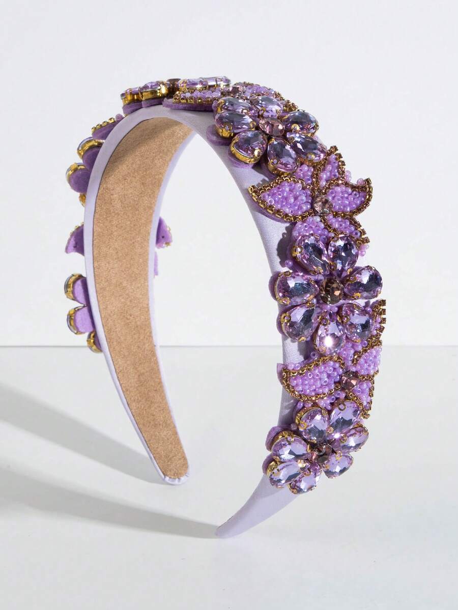 1pc Fashion Solid Color Fabric Headband, Retro Baroque Shiny Gemstone Flower Decor Headpiece, Suitable For Parties, Events, Street Style Wear Hairband Beauty Home Hair Accessories - Purple - View 1