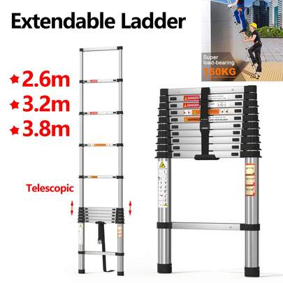  HSHa Stainless Steel Telescopic Ladder 3.8m 3.2m 2.6m Extension Ladder, Lightweight Compact Ladders For Household Outdoor Tools 330lb Space Saving Household Telescopic Straight Ladder