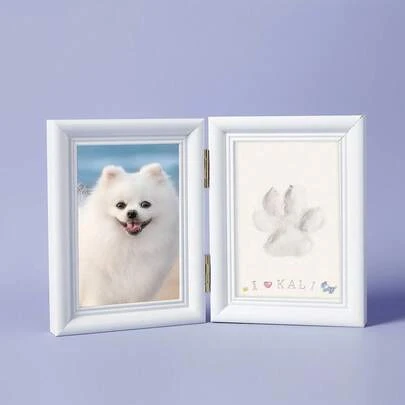PETSIN 1 件宠物爪印相框，无彩色配件，无字母板，包括粘土爪印套件，猫或狗纪念礼物，宠物家居装饰，木制桌面相框，纯白色