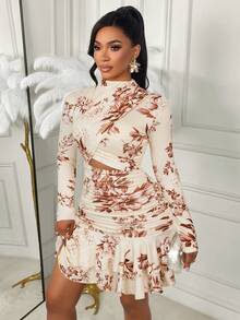 AIJ Vestido mini elegante y sexy con estampado floral y diseño calado para mujeres, ideal para vacaciones de primavera - Flores marrones con base de albaricoque - Ver 3