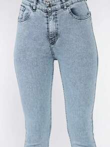 High Waist Women's Jeans, Contrast Button Zipper Pockets, Casual - Blue - View 5