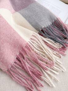 1pc Fall Winter Women Elegant Vintage Multi Color Plaid Stripe Faux Cashmere Scarf/Shawl,With Tassels,Unisex Winter Warm Casual Thick Style Neck Scarf For Dress - Pink - View 4