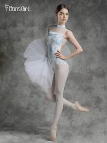 DonsGirl 1 Piece Women's Classic Ballet Leotard - Stand-Collar & Sexy Backless & Ladylike Style White Lily Pattern, Suitable For Ballet Dance Performance Costume - Xanh và trắng - Xem 4