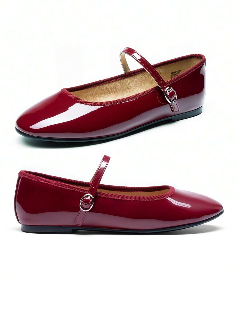 Women's Ballet Mary Jane Flats Buckle Strap Round Toe Leather Slip-On Comfortable Versatile Shoes - 酒紅色 - 查看 1