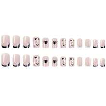 Short Press On Nails Square Fake Nails French Tip False Nails Cute Acrylic Nails With Design Black Heart Glue On Nails Glitter Glossy Full Cover Stick On Nails For Women Manicure 24Pcs - 黑色法國 - 查看 4