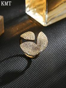 KMT 1pc Copper Inlaid Cubic Zirconia Flower & Leaf Elegant Chic Open Ring, Suitable For Party, Daily Wear, Gift - Gold - View 9
