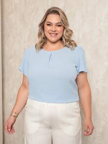 ONLYONE - PLUS SIZE WOMEN'S BLOUSE, SHORT SLEEVE, PRINCESS, PLEATES, LIGHT DUNES NECKLINE - ELEGANT WOMEN'S BLOUSES, LARGE - 淺藍色 - 查看 4