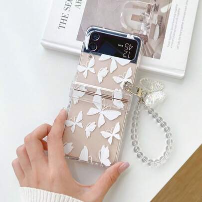 Minimalist White Butterfly Folding Phone Case With Chain Compatible With Samsung Galaxy Z Flip3 5GGalaxy Z Flip 4 5GGalaxy Z Flip 5 5GGalaxy Z Fli