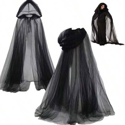 10pcs/1pc Gothic Style Double Layer Hooded Long Mesh Cloak, Unisex Witch Cosplay Cape; Vintage Solid Color Hooded Mesh Cape, Vampire Bride Cloak In Black, Red, White; Double Layer Hooded Gothic Style Long Mesh Cloak, Unisex Cosplay Prop For Holiday Events,Halloween