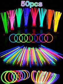 100支多色闪光棒，派对闪光棒，派对庆典，高品质超强闪光棒，彩色婚礼闪光棒，可连续使用8-12小时，适用于招待会、音乐会、酒吧、夜总会、灯光派对（50个连接器和50支闪光棒共计100支）