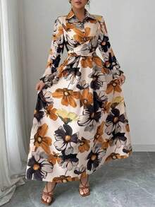 New Autumn Floral & Plant Print Elegant Casual Front Button Belted Dress, Suitable For Halloween, Christmas, Daily Wear, Vacation, Party, Date, Afternoon Tea, Holiday Occasions - Multicolor - View 3