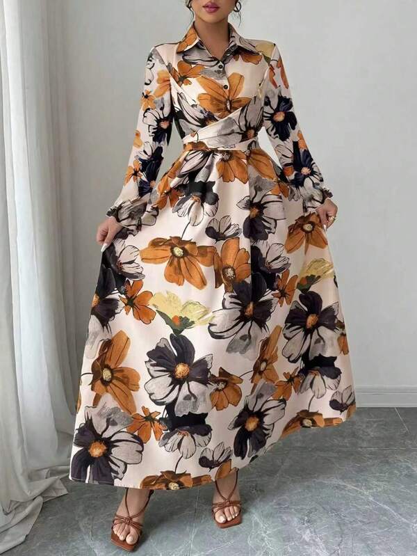 New Autumn Floral Printed Full Body Floral Plant Elegant Casual Front Breasted Waist Belt Women's Dress, Halloween Costume, Christmas Costume, Suitable For Daily Wear, Vacation, Party, Date, Tea Party, Holiday Dressing