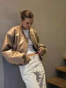 Womens Faux Leather Bomber Jacket Baseball Collar Zip Up Cropped Coat With Pockets - Kaki nhạt - Xem 2