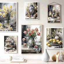 1 pieza Impresión artística en lienzo con inspiración vintage de estilo botánico - Póster de pared retro sin marco de flores y frutas en tonos suaves, arte de pared en lienzo vertical listo para colgar para la decoración de la sala de estar, dormitorio, oficina en casa, decoración de dormitorio - Multicolor - Ver 1
