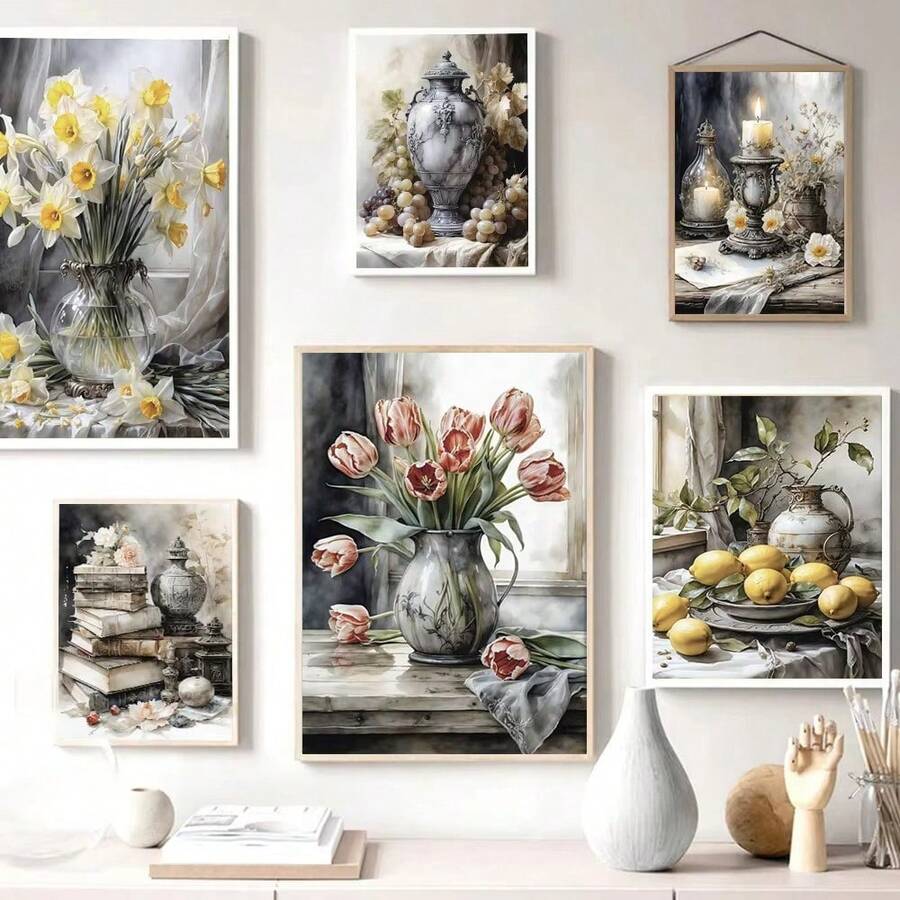 1 pieza Impresión artística en lienzo con inspiración vintage de estilo botánico - Póster de pared retro sin marco de flores y frutas en tonos suaves, arte de pared en lienzo vertical listo para colgar para la decoración de la sala de estar, dormitorio, oficina en casa, decoración de dormitorio - Multicolor - Ver 1