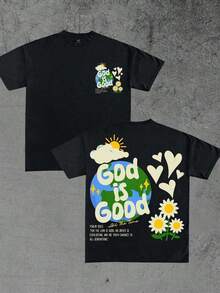 Camiseta de manga corta con cuello redondo y estampado de letras y corazones para hombres Noixe, moda de verano para hombres, estampado suelto - Negro - Ver 1