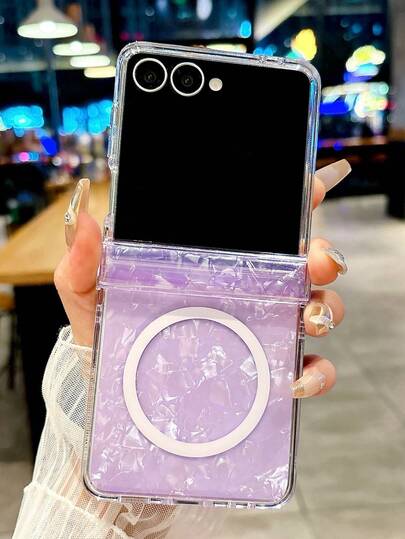 Luxury Glitter Laser Aurora Shell Pattern Magnetic Wireless Charging Case Compatible With Samsung Z Flip6 7 Z Flip 5 4 Bumper Shockproof Protective Cover