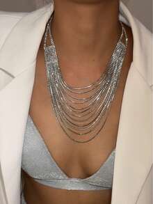 Fashionable Multi-Layer Tassel Necklace, Exaggerated Crystal Choker Necklace, Unique Party & Event Accessory For Women