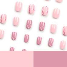 Square Press On Nails - Pink False Nails With Line Design, Glossy Full Cover, Reusable Artificial Nails For Women's Manicure, 24 Pcs - 紫線 - 查看 4
