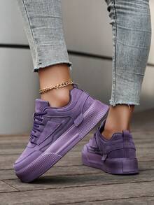 Giày trượt patin buộc dây phía trước màu tím trơn tối giản dành cho nữ, mũi tròn đế xuồng, giày thể thao thường ngày thoải mái - Màu tím - Xem 10