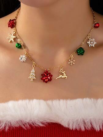 1 件圣诞树驯鹿铃铛吊坠项链 - 金色链式项链配圣诞蝴蝶结雪花吊坠 - 适合女士和女孩的节日珠宝礼物
