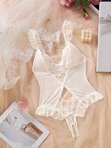 Valentine's Day&Wedding Season,Women's White Sexy Lingerie, Sheer,Adjustable, Mesh,Hollow-Out,Lace,Crotchless Bodysuits,Teddy Jumpsuit,For Women Bridallingerie. - White - View 8