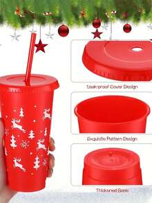 5-1 Pc 24 Oz Christmas Themed Straw Cup, Christmas Themed Water Bottle, Large Capacity Plastic Water Cup, Durable, Reusable With Straw And Lid, Festive Design, Suitable For Hot And Cold Drinks, Outdoor Activities, Parties And Holiday Decorations, Christmas Gifts, Suitable For Milk Tea, Coffee, Purified Water, Outdoor, Indoor, Christmas, New Year,Christmas Gifts, Cups
