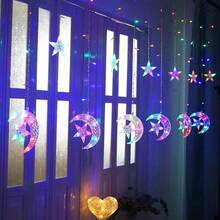 Eid LED Vorhang Lichter - Innen/Außen funkelnde Sterne & Monde USB/Batterie betrieben Fenster Wand Dekoration, Feiertags Party Deko (6 Monde & Sterne LED Lichter) - Farblicht - Übersicht 3