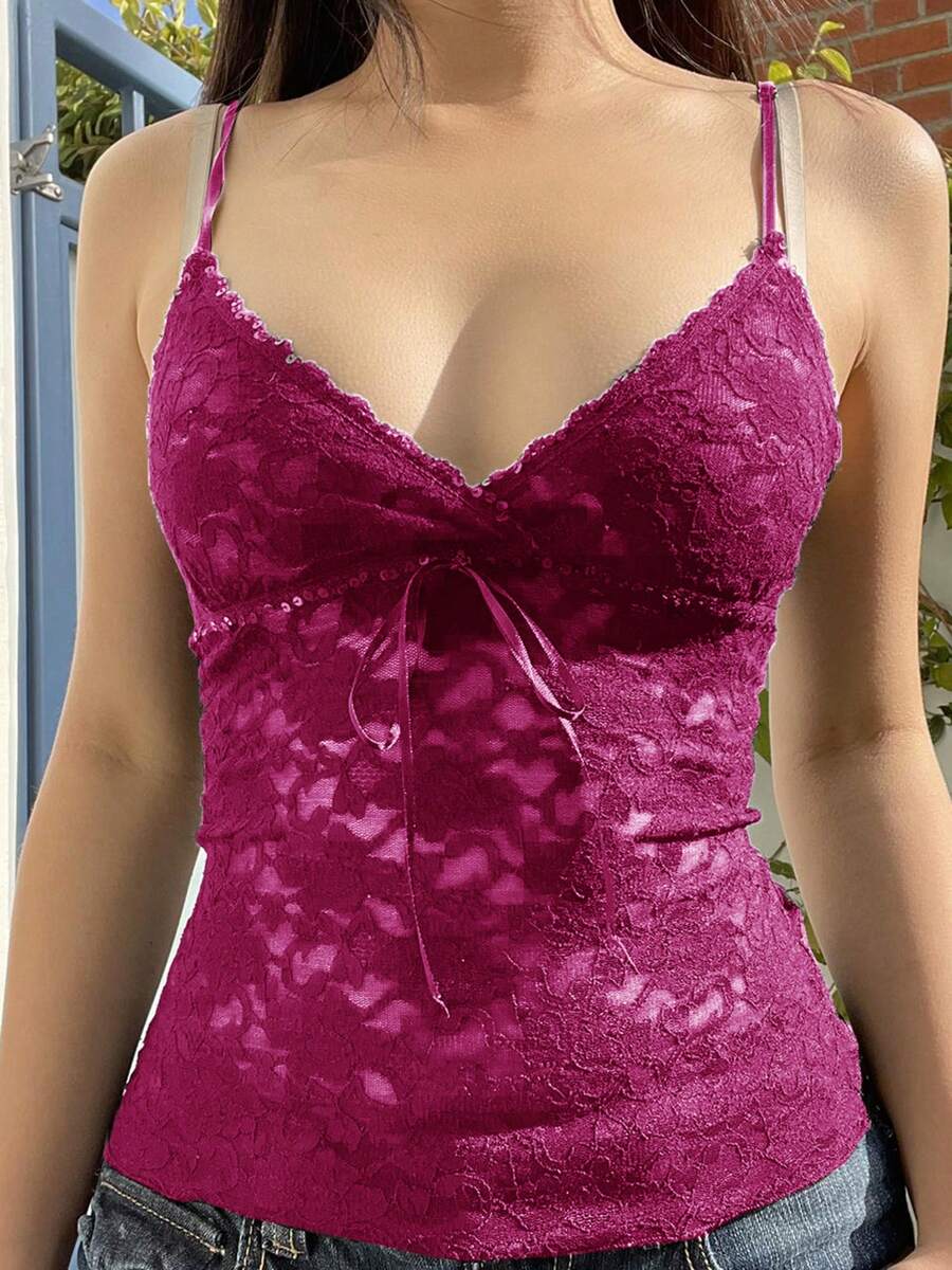 Women Spaghetti Strap Camisoles Floral Lace V-Neck Sleeveless Sling Tank Tops Summer Backless Slim Fit Vests Streetwear - Màu đỏ tím - Xem 1