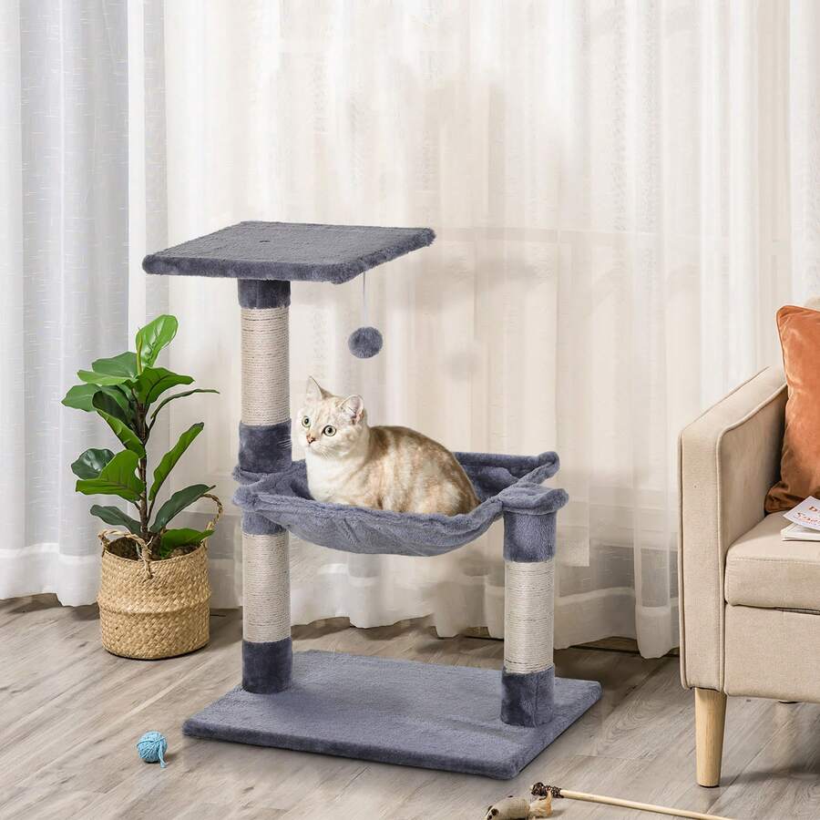 PawHut Cat Tree Scratch Post With Bed Hammock Sisal For Indoor Cats Grey - Grey - View 1