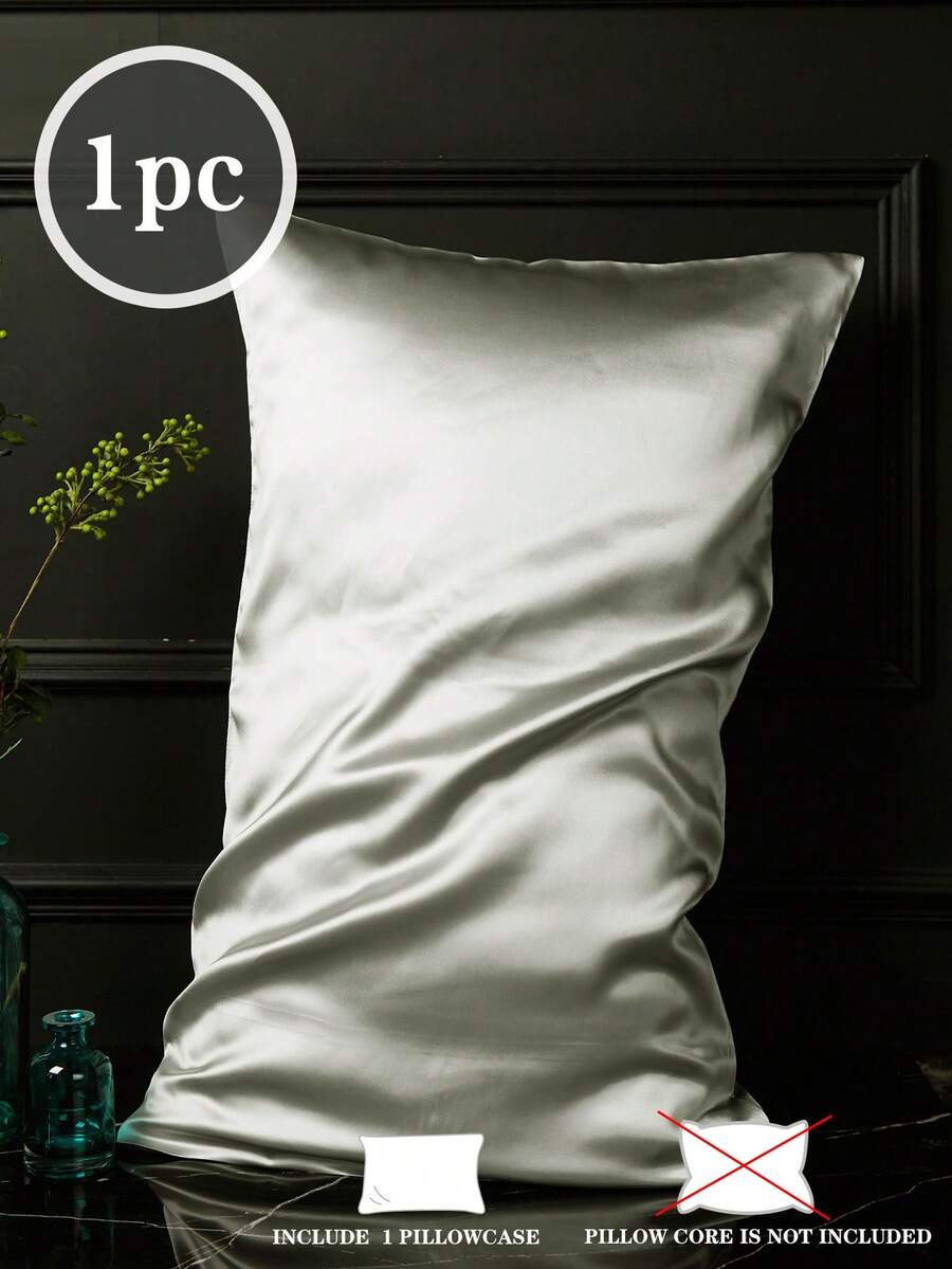 1pc French Gray Satin Pillowcase, Suitable For Summer, Cooling And Skin-Friendly Comfortable, Pillowcase, Bedding, Unisex, Dorm Decor, Pillow Insert Not Included, Fits Twin, Full, Queen, King Size - Grey - View 1
