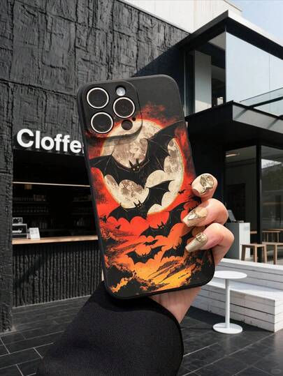 1 Ốp lưng điện thoại tiêu chuẩn họa tiết dơi và mặt trăng màu đen tối giản màu đen mờ bảo vệ toàn diện chống rơi cắt chính xác bảo vệ ống kính máy ảnh tương thích với iPhone 16/16e, Redmi, Infinix, Vivo