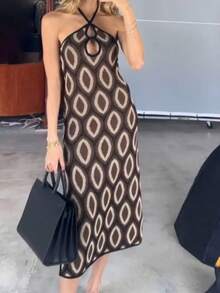 Women Boho Halter Neck Knit Dress Fashion Print Sleeveless Open Back Slim Fit Midi Dress For Daily Party Club - Mixed Colors - View 4