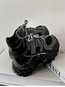 2-13 Years Old Unisex Infant Casual Sports Shoes, Gray Baby Chunky Sneakers, Spring/Autumn 2025 New Leather & Mesh Breathable Soft Sole Comfortable Toddler Walking Shoes, Fashion Sporty Non-Slip Wear-Resistant Indoor/Outdoor Running, Climbing, Playing Lightweight Shock-Absorbing Shoes, Lightweight Breathable Girls Thick Sole Black & Gray Color-Block Personalized Retro Chunky Sneakers, Students Daily Casual Travel Leisure Big Round-Toe Sports Shoes