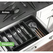Organizador de cubiertos expandible  para cajón de cocina, bandeja con 8 divisores de plástico para artículos - Negro - Ver 7
